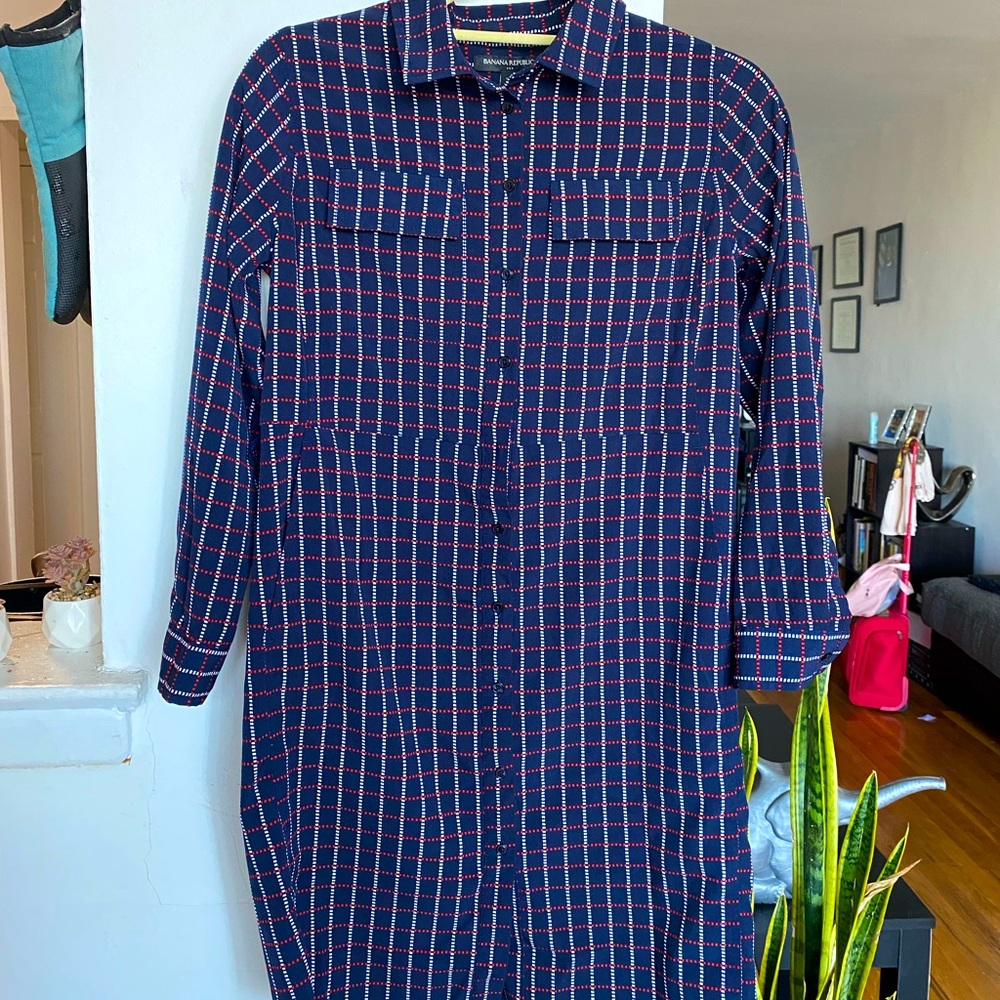 Printed button down shirt dress.